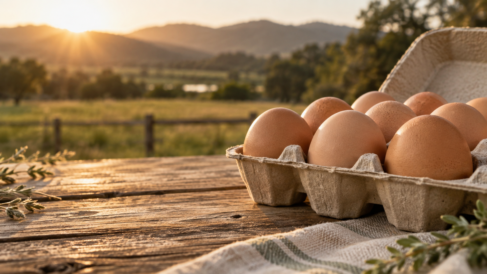 Brown farm-fresh eggs in a carton at the ranch